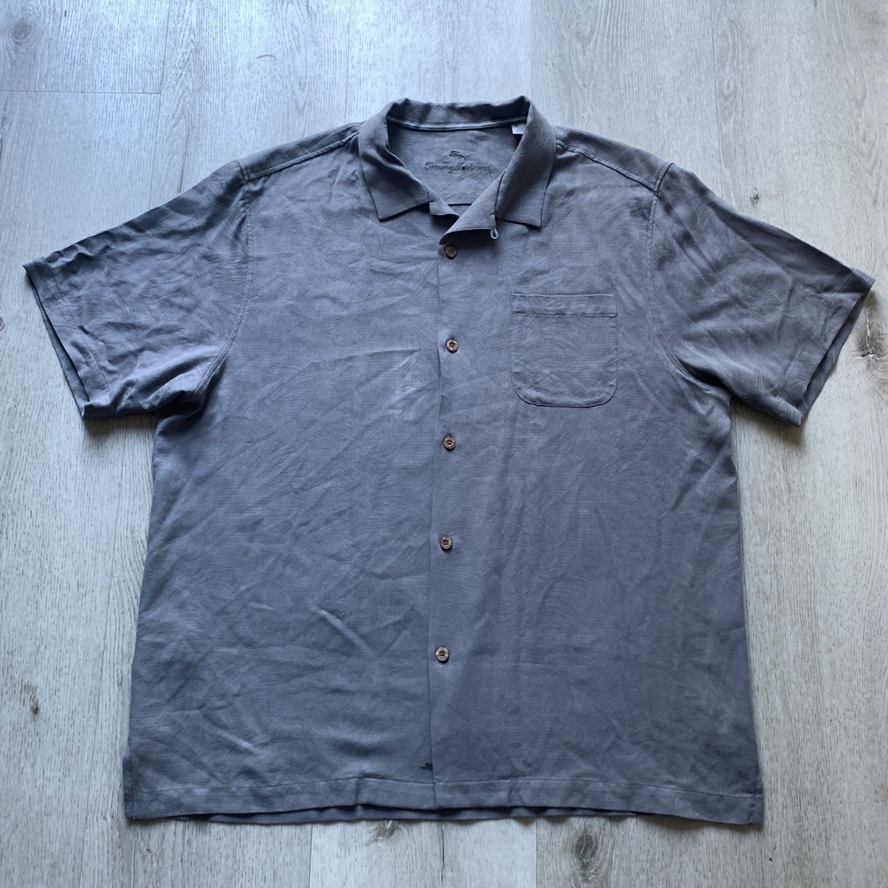 Tommy Bahama‎ Men Grey Tropic Isles Silk Camp Shirt Sz XL beach casual silky